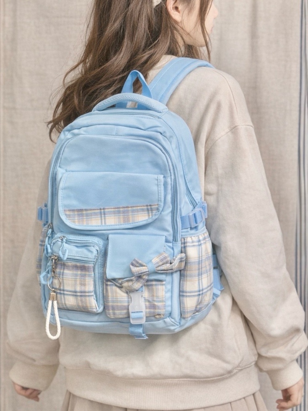 Light Blue Plaid Stitch Accent Backpack NWOT